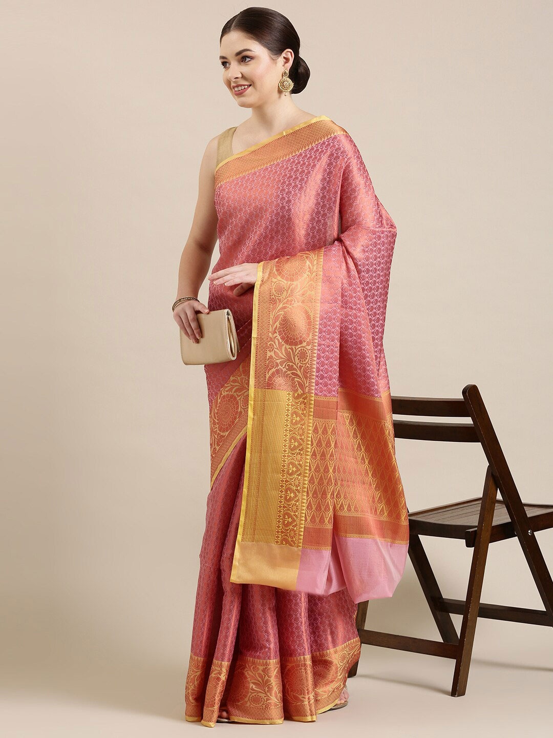 

The Chennai Silks Pink & Gold-Toned Floral Zari Organza Banarasi Saree