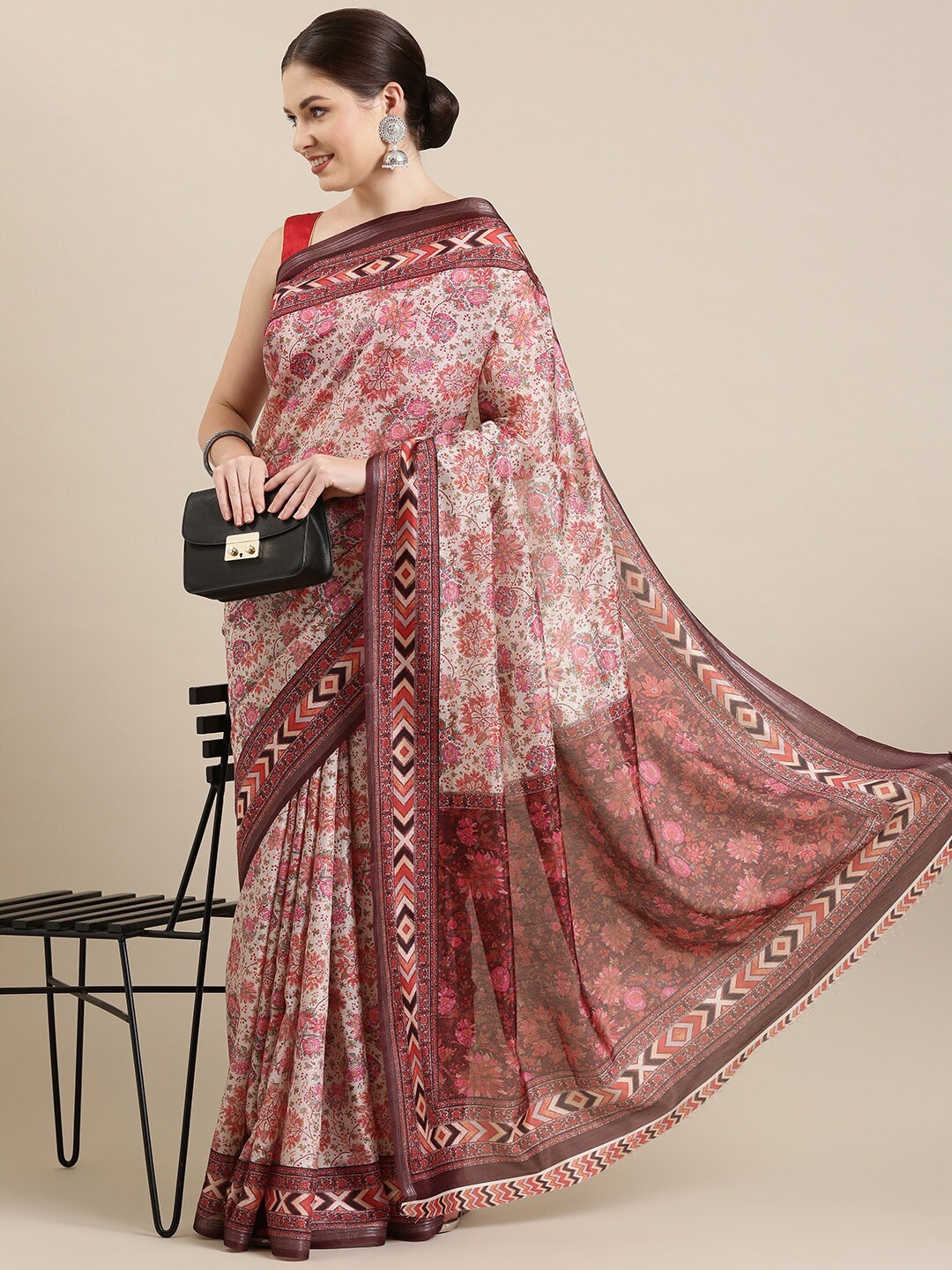 

The Chennai Silks Beige & Pink Floral Printed Polyester Saree