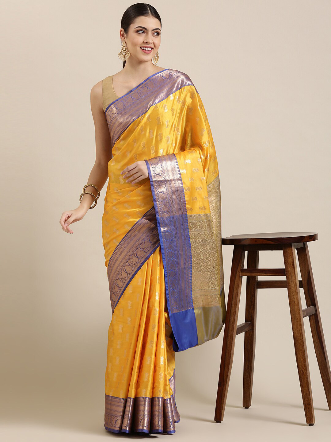 

The Chennai Silks Yellow & Blue Woven Design Zari Organza Banarasi Saree
