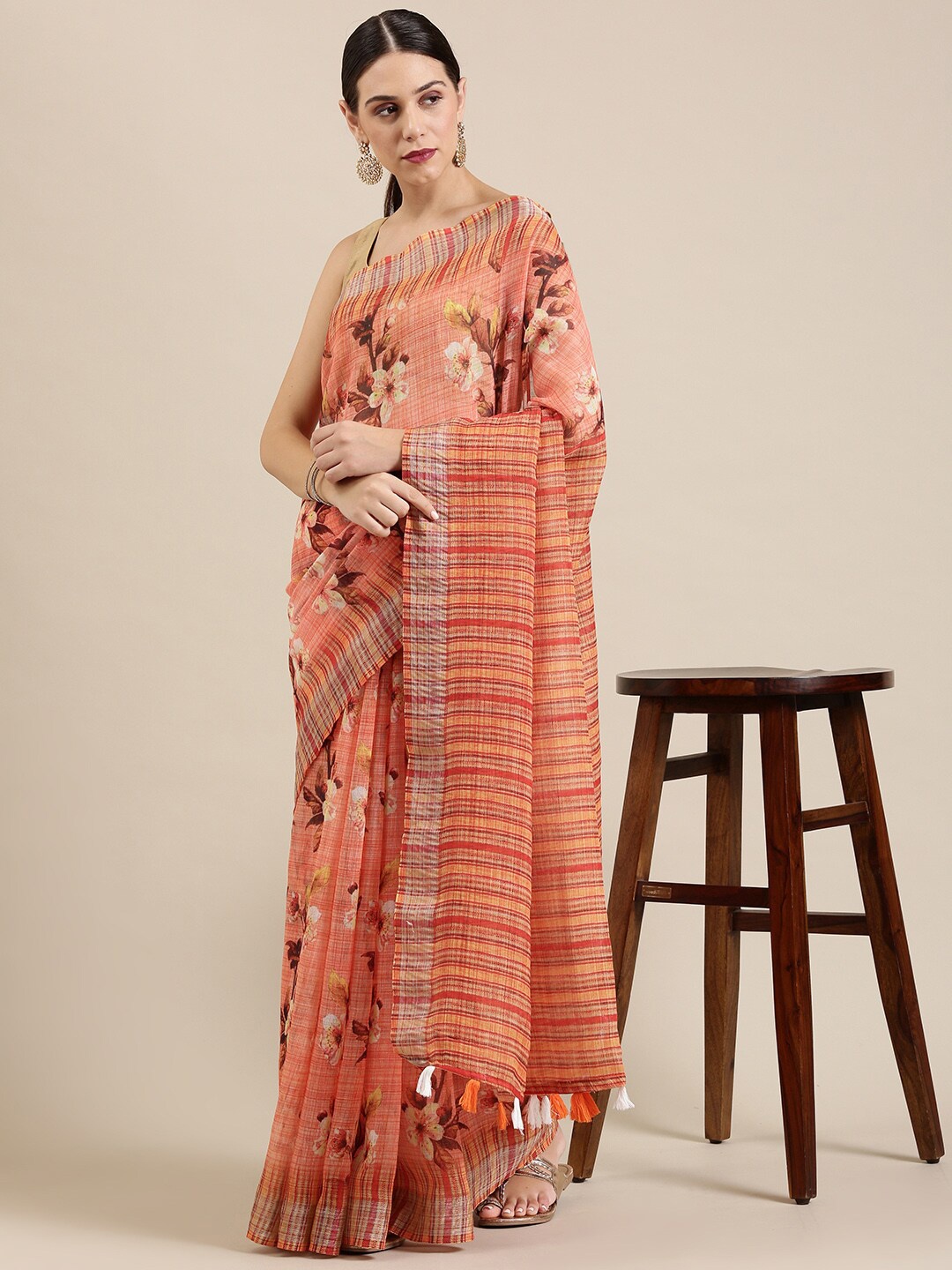 

The Chennai Silks Orange & White Floral Linen Blend Fusion Saree
