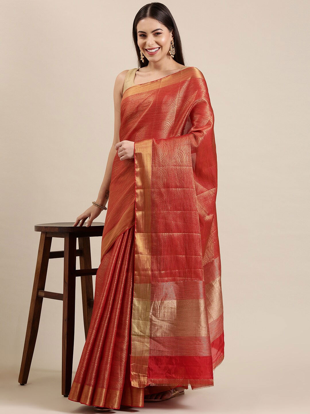 

The Chennai Silks Red & Gold-Toned Zari Jute Cotton Fusion Saree