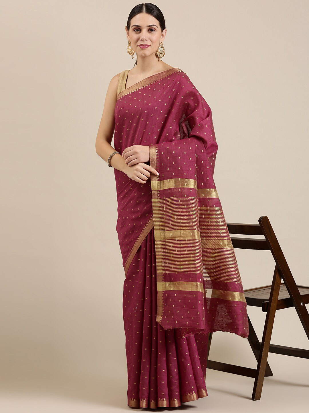 

The Chennai Silks Purple & Gold-Toned Ethnic Motifs Zari Jute Cotton Saree