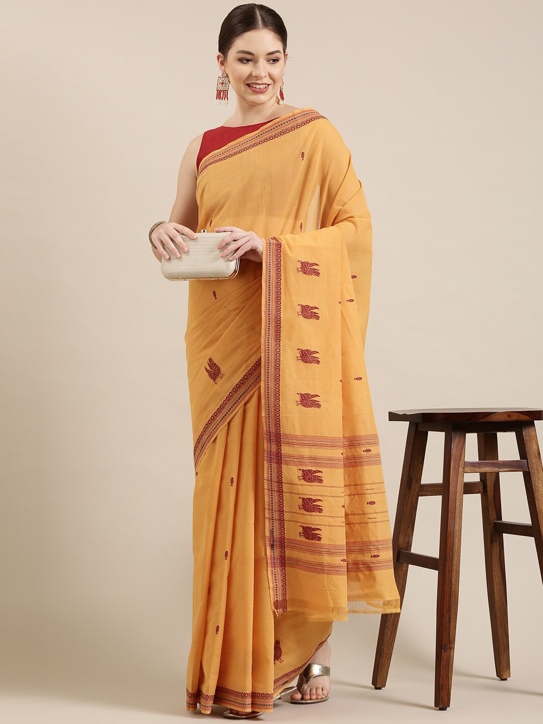 

The Chennai Silks Orange & Maroon Ethnic Motifs Zari Pure Cotton Saree