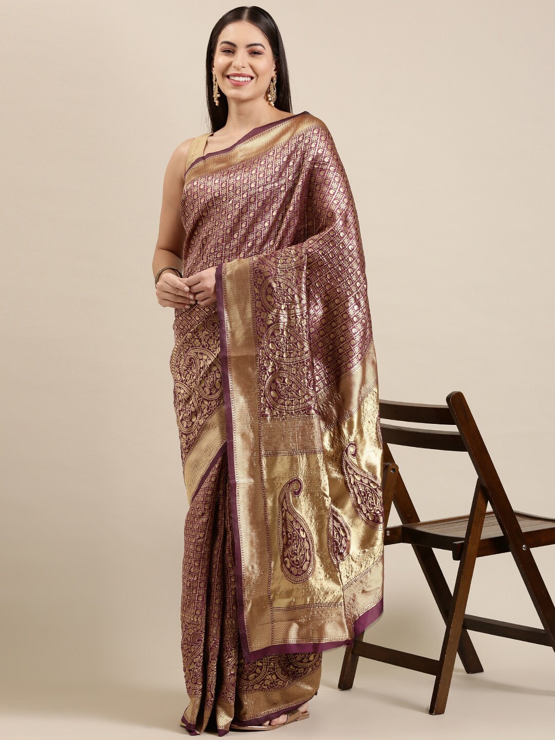 

The Chennai Silks Purple & Gold-Toned Paisley Zari Silk Blend Patola Saree