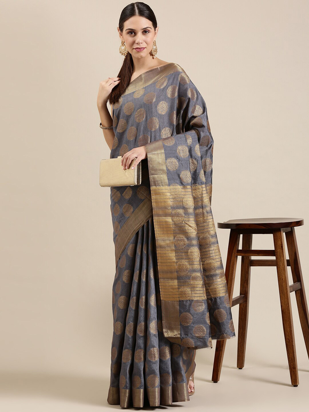 

The Chennai Silks Grey & Brown Ethnic Motifs Zari Jute Cotton Fusion Saree