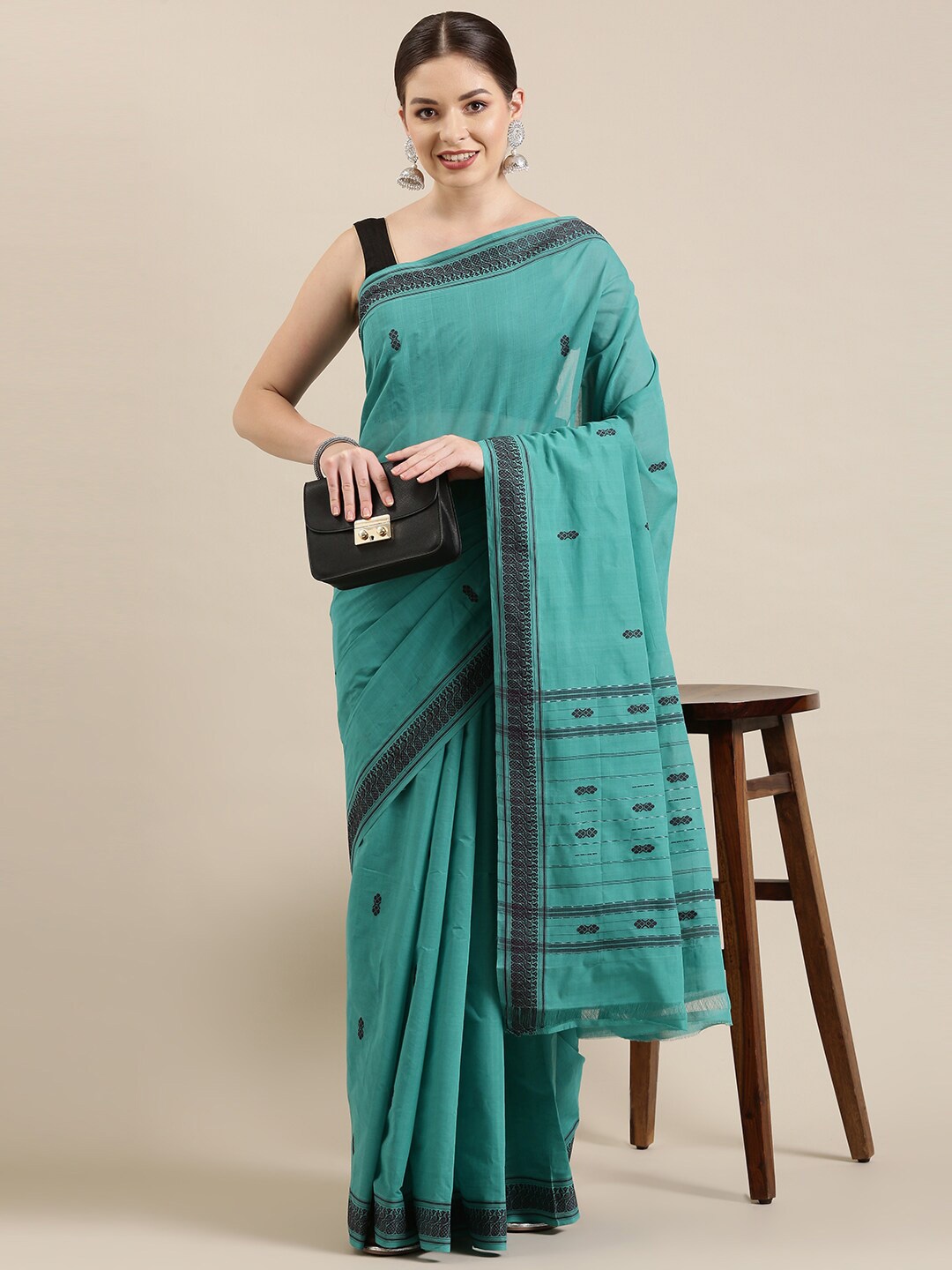 

The Chennai Silks Blue & Black Ethnic Motifs Zari Andhra Pure Cotton Saree