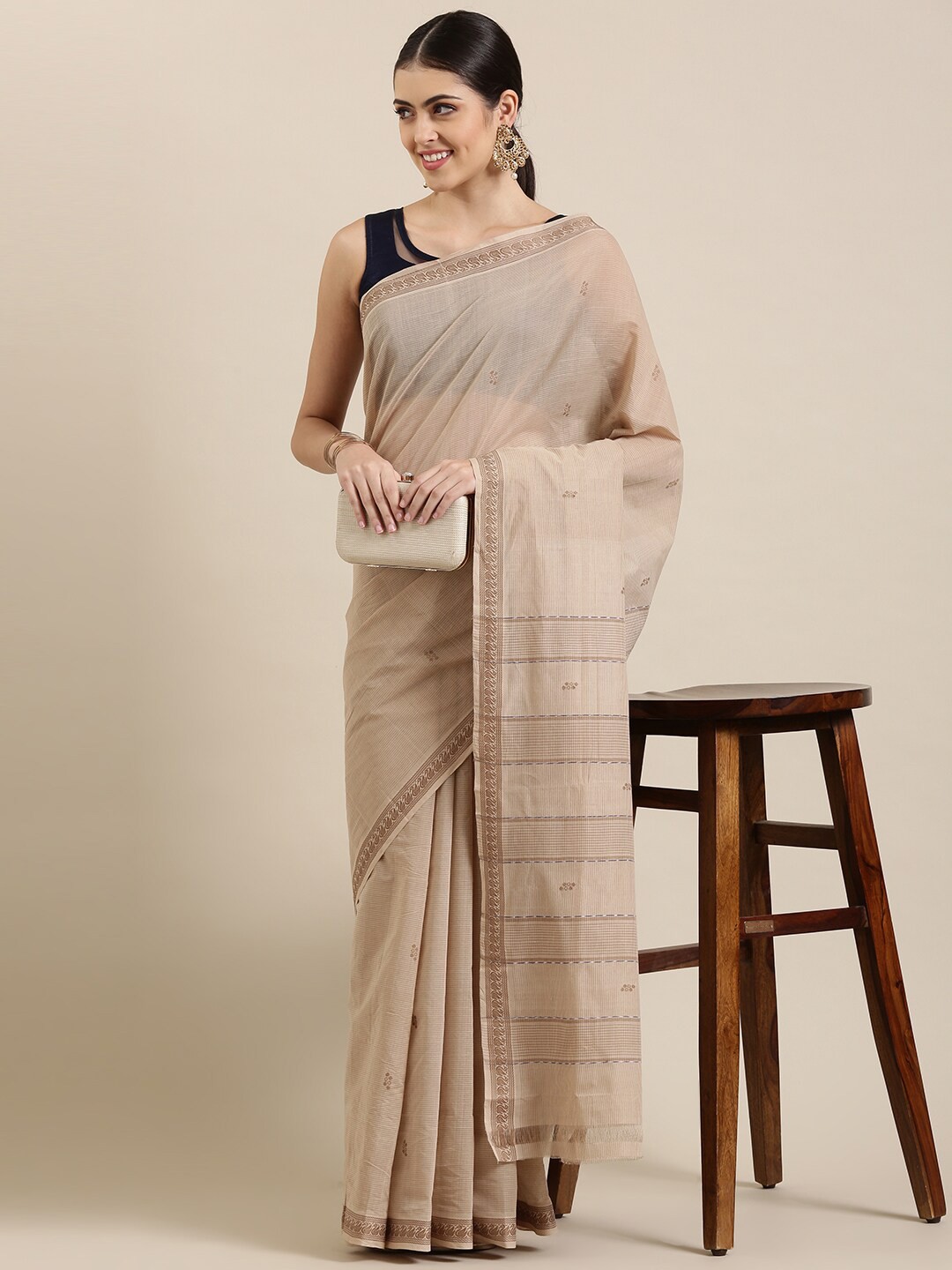 

The Chennai Silks Beige & Brown Woven Design Pure Cotton Fusion Saree