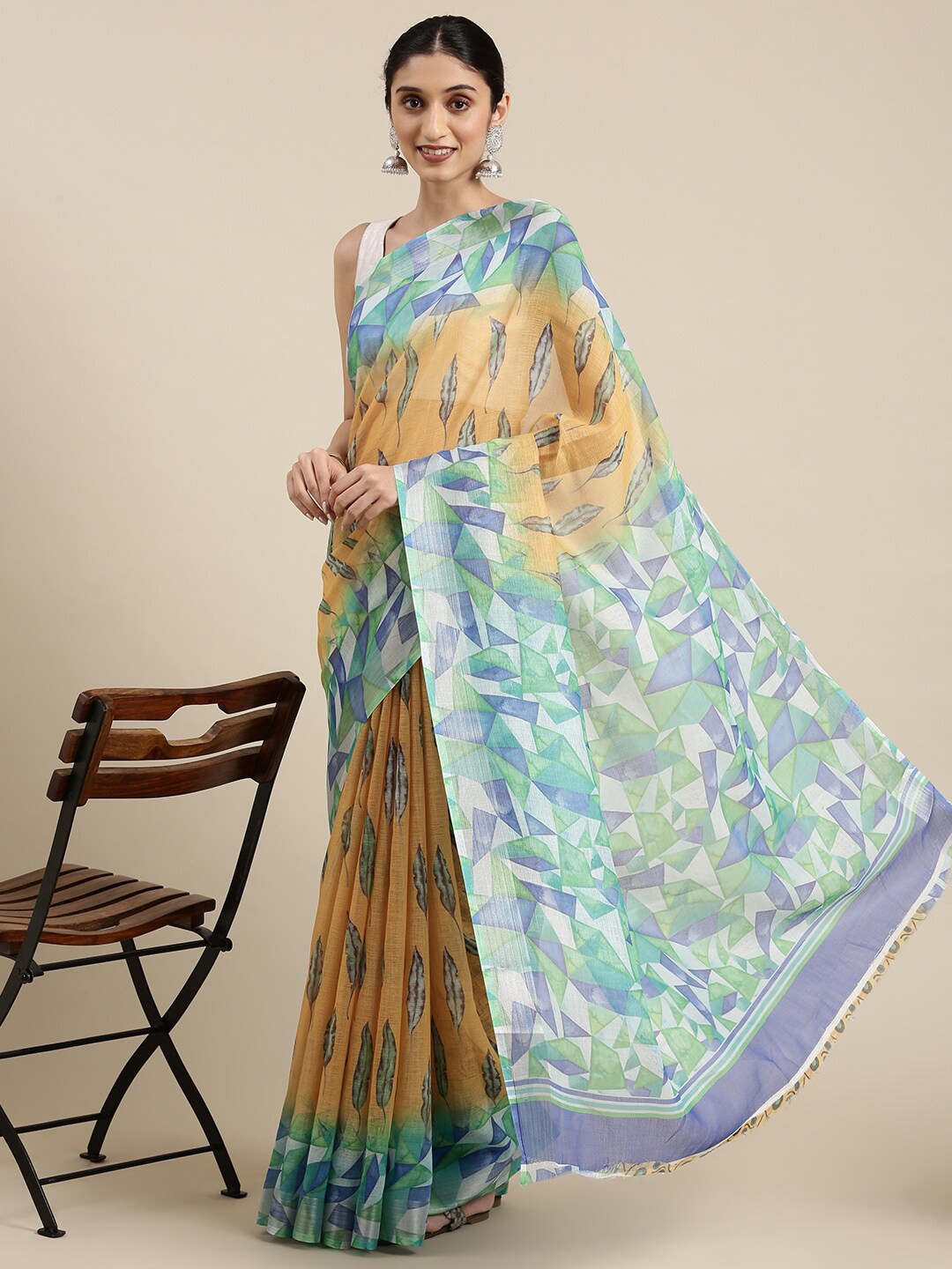 

The Chennai Silks Yellow & Green Linen Blend Saree