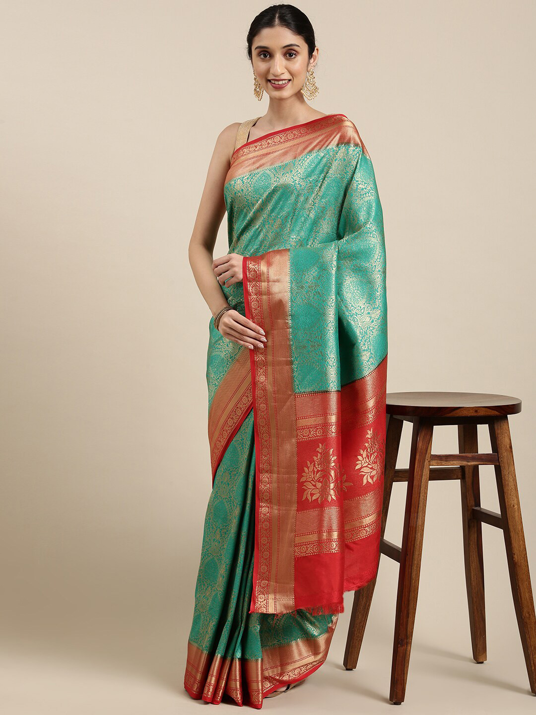 

The Chennai Silks Green & Red Ethnic Motifs Zari Art Silk Kanjeevaram Saree