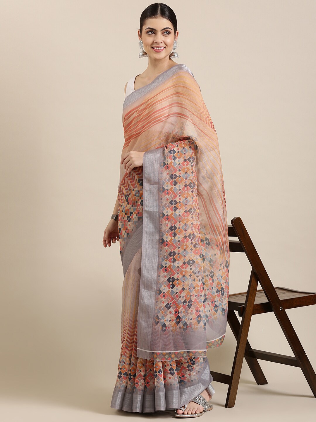 

The Chennai Silks Peach-Coloured & Orange Zari Linen Blend Fusion Saree