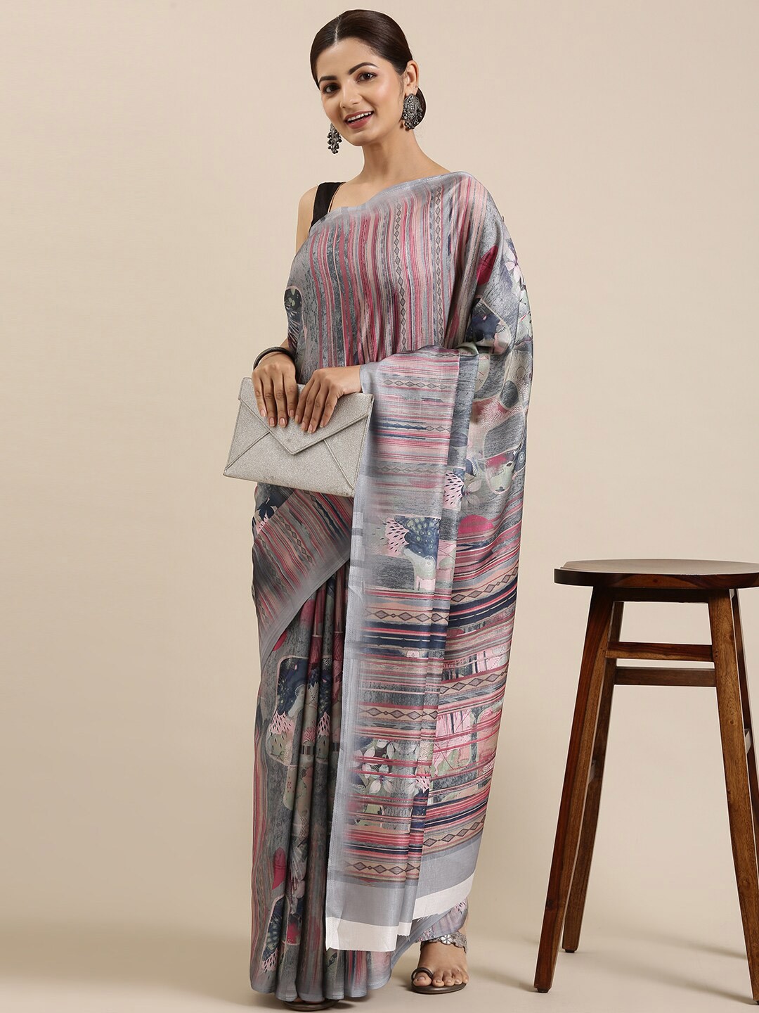 

The Chennai Silks Grey & Pink Zari Linen Blend Fusion Saree