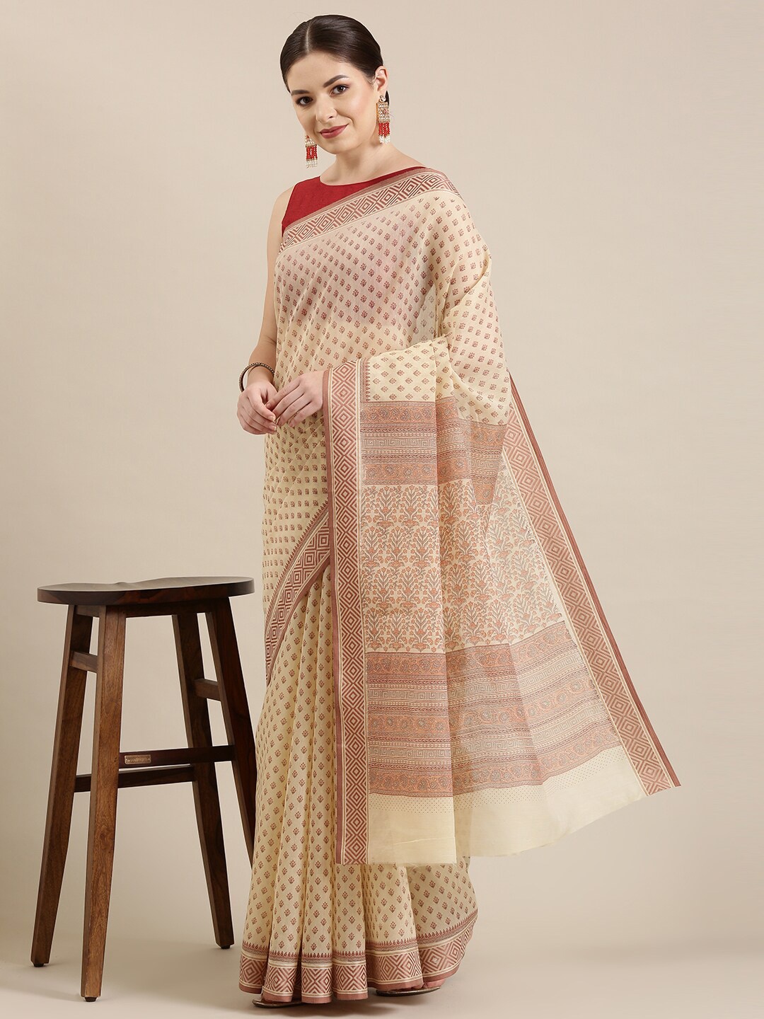 

The Chennai Silks Cream-Coloured & Brown Floral Pure Cotton Fusion Saree