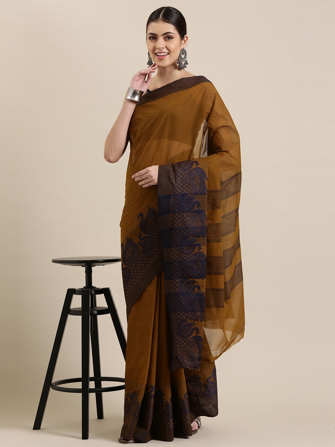 

The Chennai Silks Olive Green & Black Zari Pure Cotton Fusion Chettinad Saree