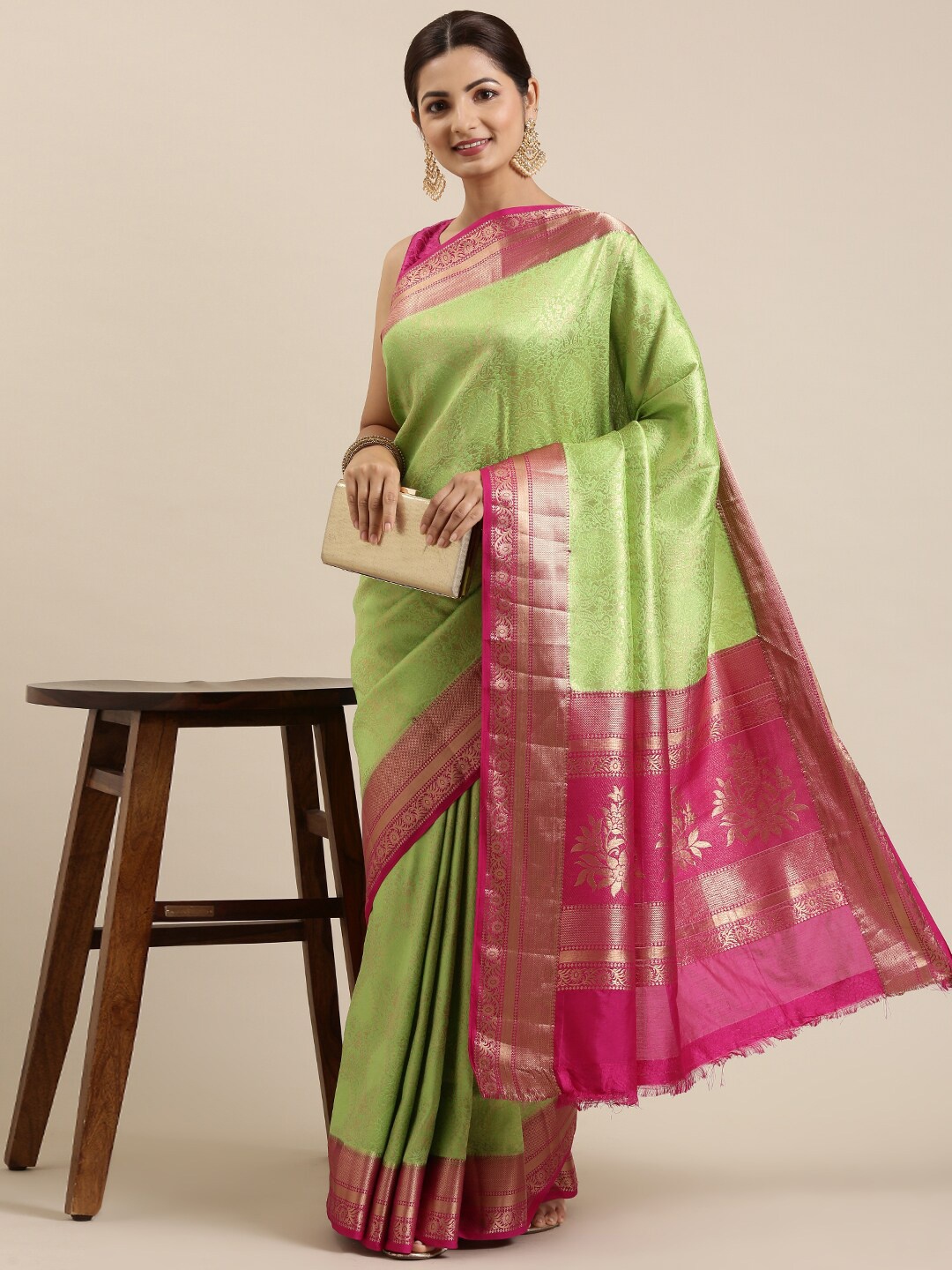 

The Chennai Silks Green & Pink Floral Zari Art Silk Kanjeevaram Saree