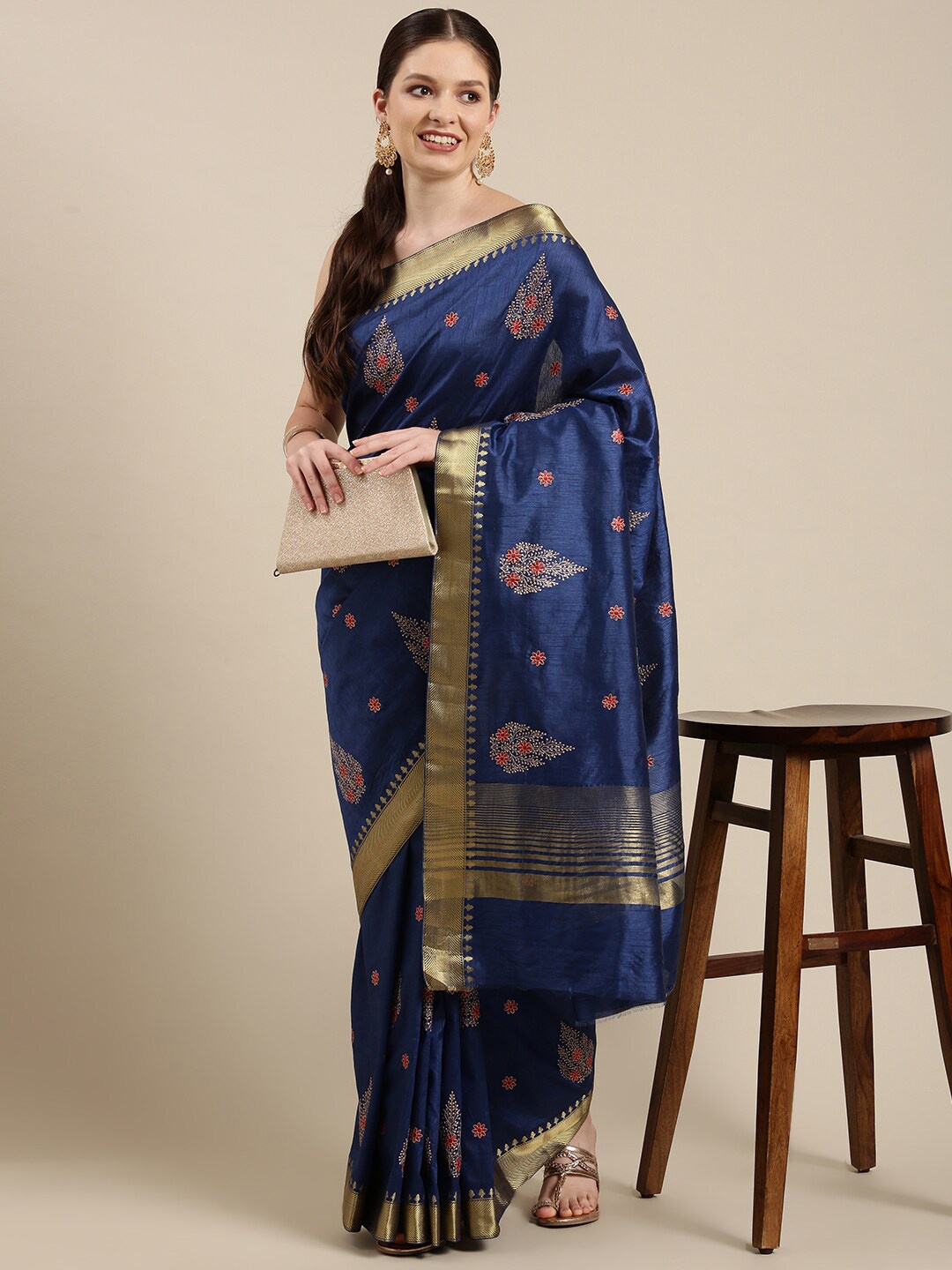 

The Chennai Silks Blue & Red Floral Embroidered Saree