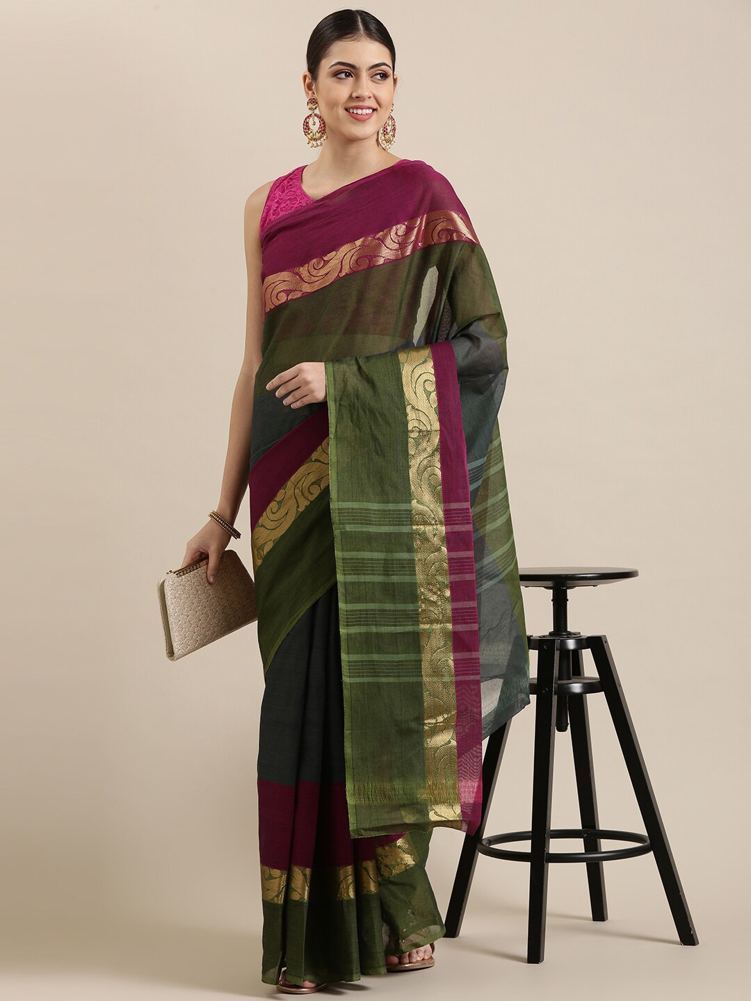

The Chennai Silks Green & Maroon Colourblocked Zari Pure Cotton Fusion Chettinad Saree