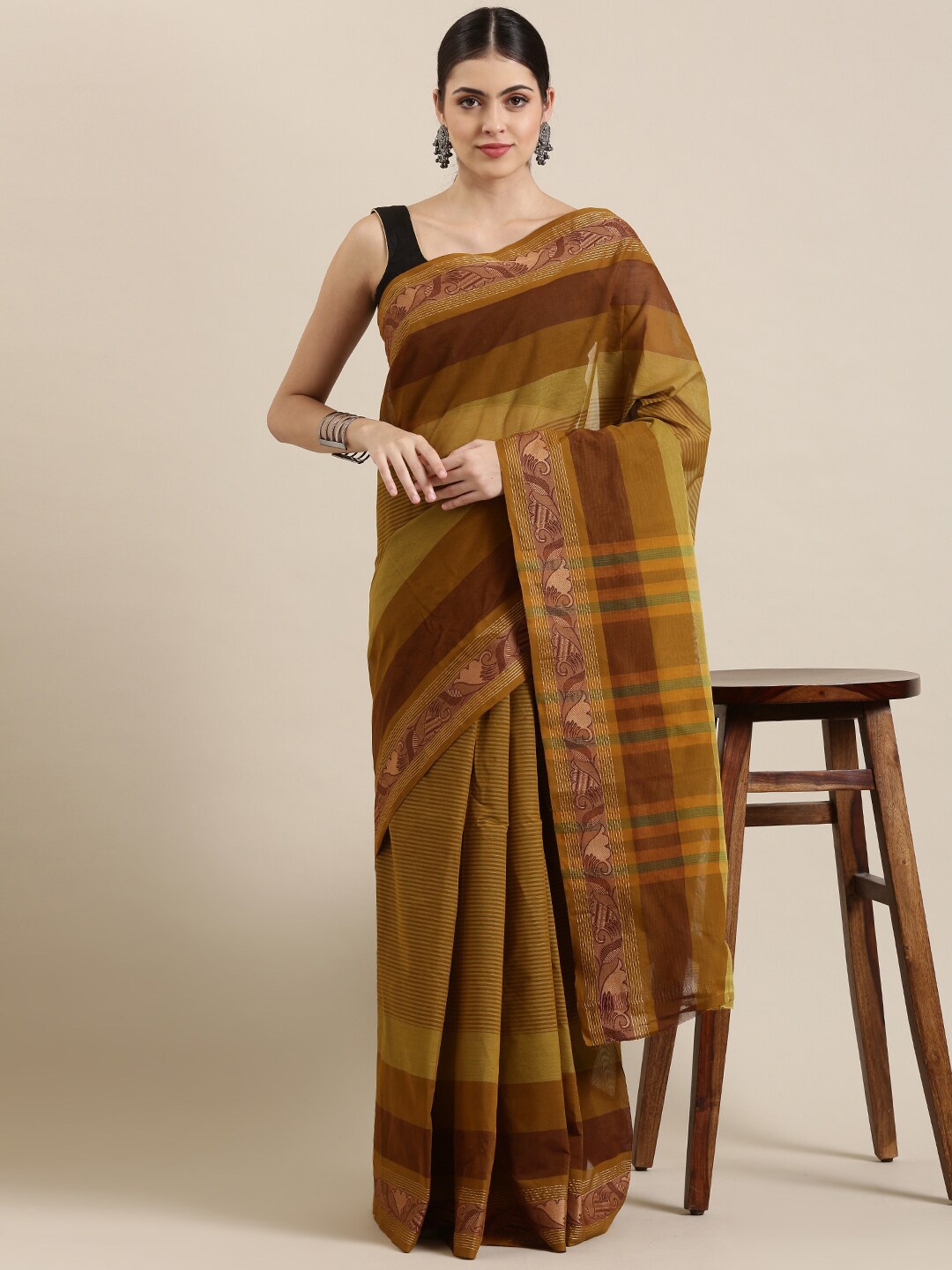 

The Chennai Silks Green & Brown Striped Zari Pure Cotton Chettinad Saree