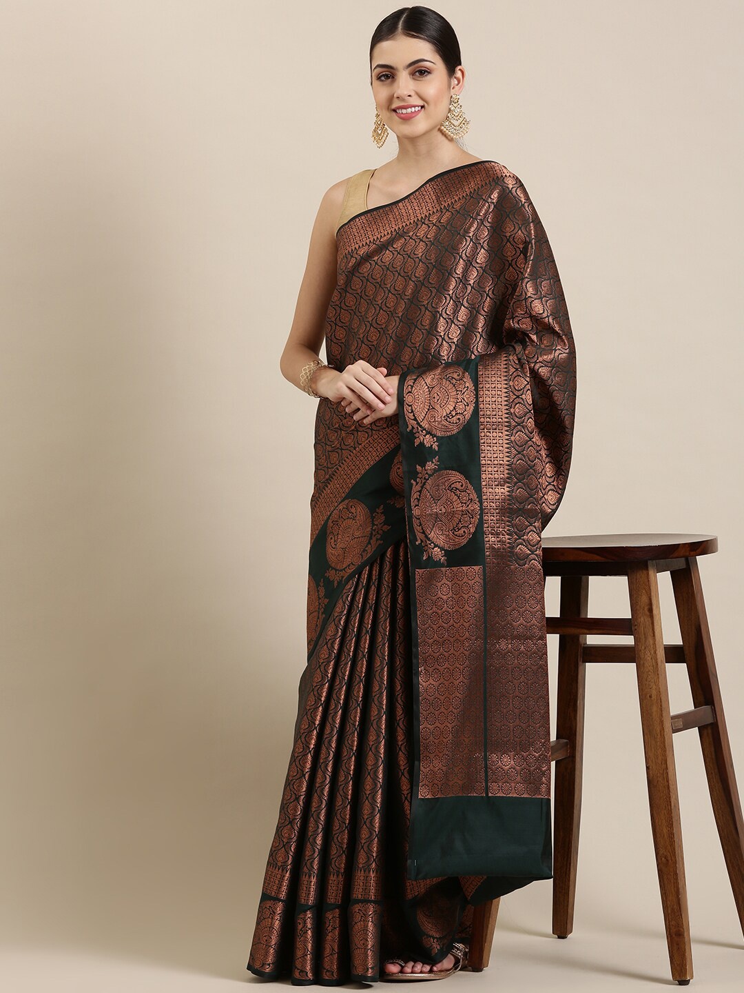 

The Chennai Silks Green & Copper-Toned Floral Zari Art Silk Fusion Kanjeevaram Saree