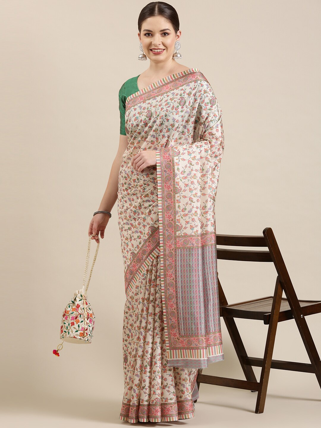 

The Chennai Silks Cream-Coloured & Pink Ethnic Motifs Linen Blend Fusion Saree