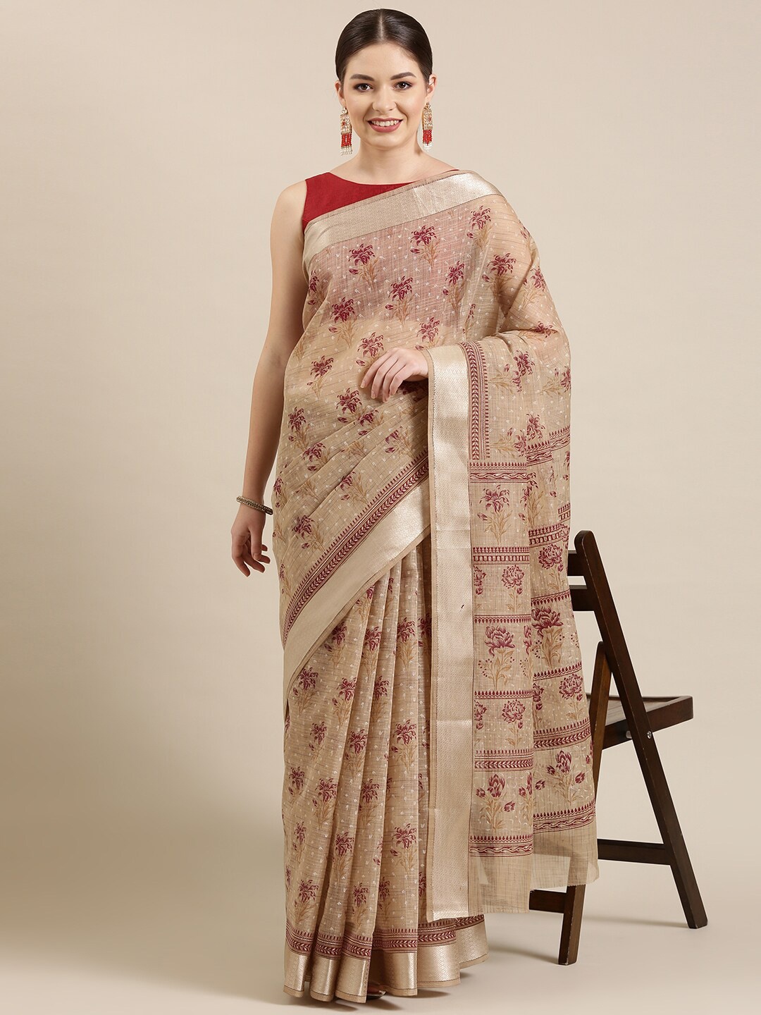 

The Chennai Silks Beige & Maroon Floral Zari Pure Cotton Fusion Saree