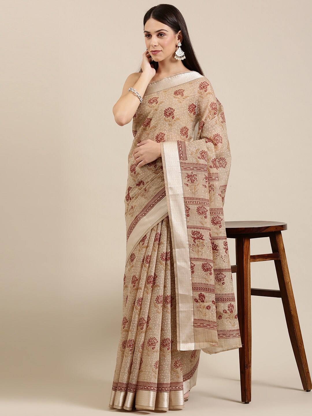 

The Chennai Silks Beige & Maroon Floral Zari Pure Cotton Saree