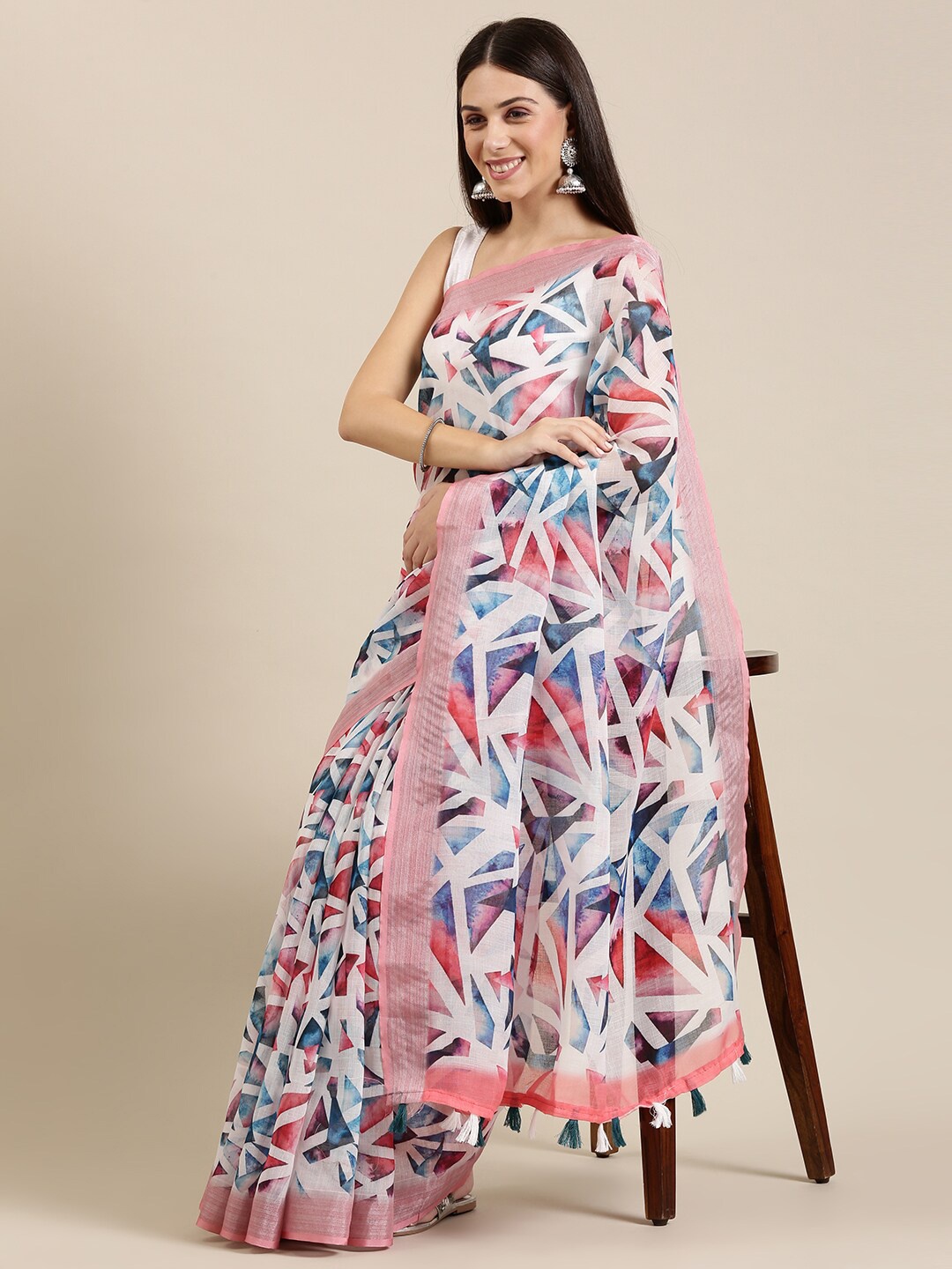 

The Chennai Silks Pink & Blue Linen Blend Fusion Saree