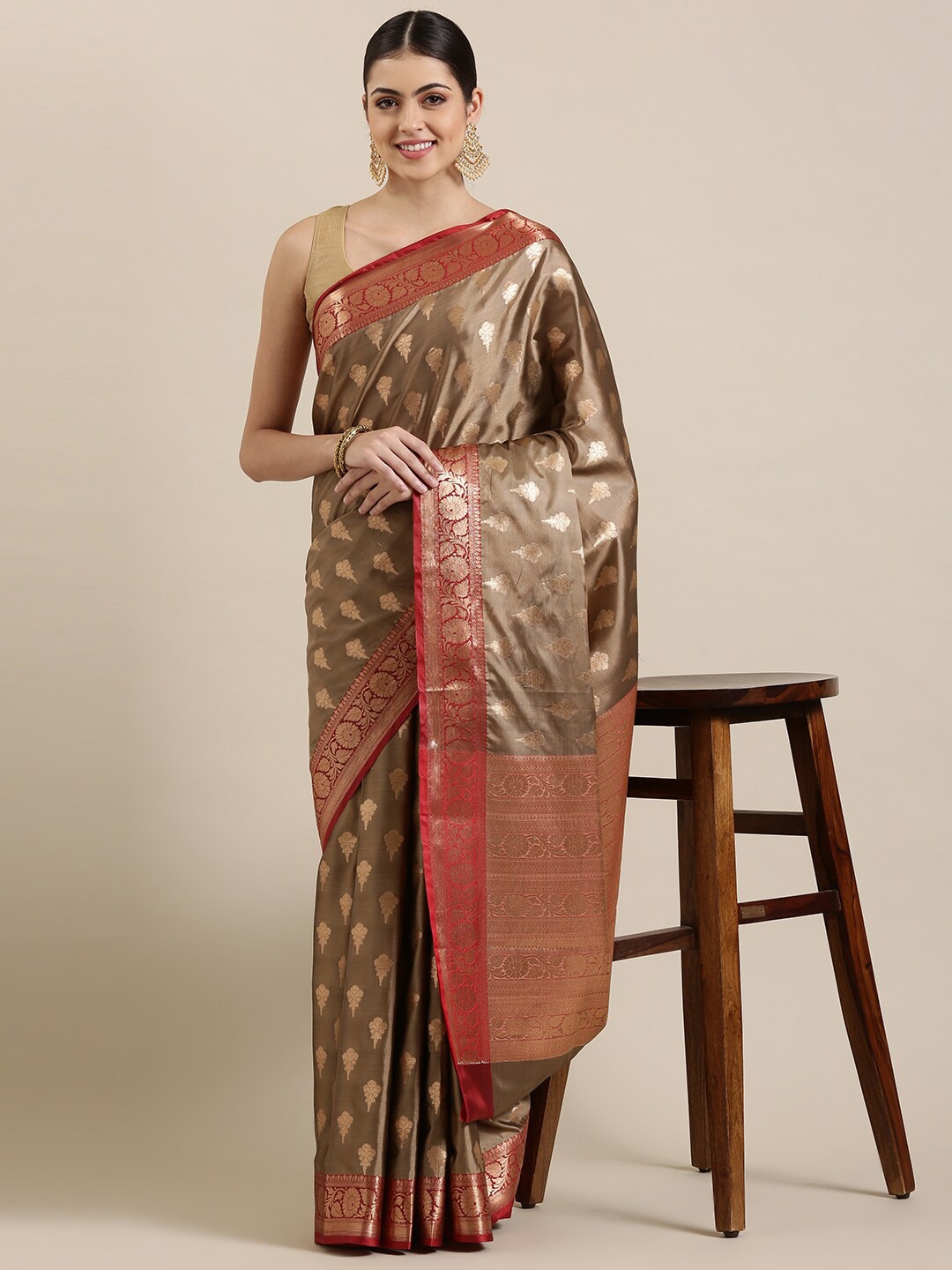 

The Chennai Silks Brown & Red Ethnic Motifs Zari Organza Banarasi Saree