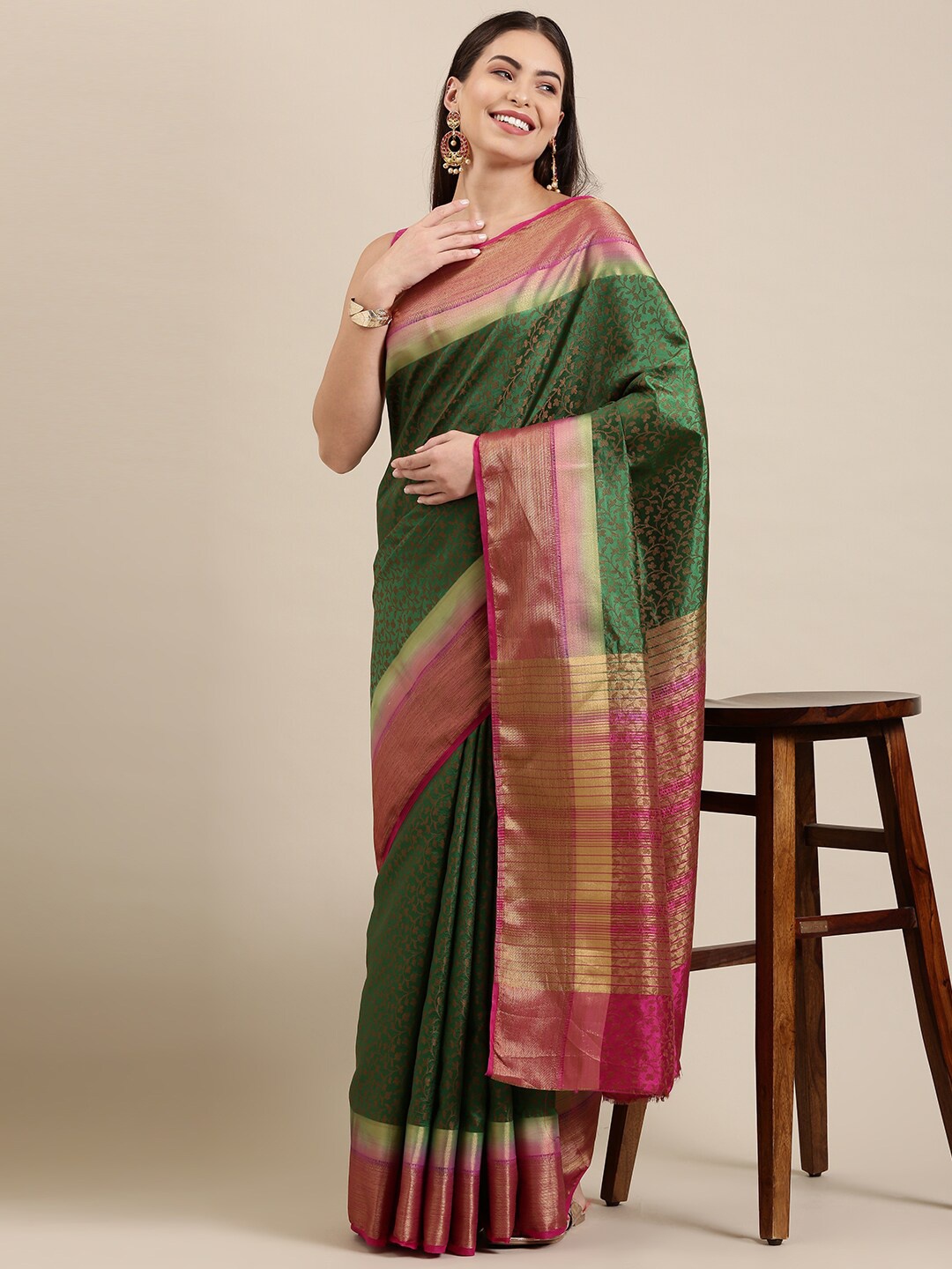 

The Chennai Silks Green & Orange Floral Zari Jute Cotton Fusion Saree