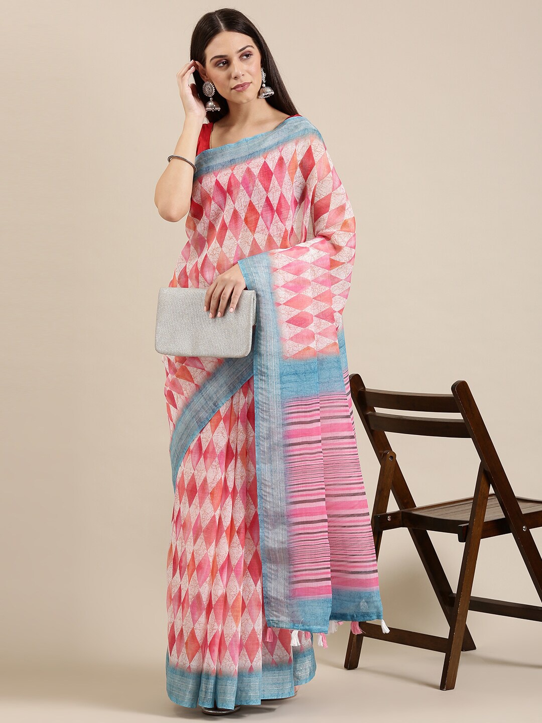 

The Chennai Silks Pink & Blue Linen Blend Saree With Unstitched Blouse Piece