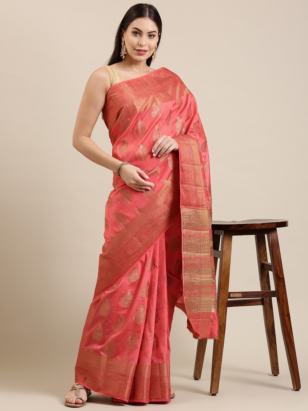 

The Chennai Silks Red & Gold-Toned Ethnic Motifs Zari Jute Cotton Saree