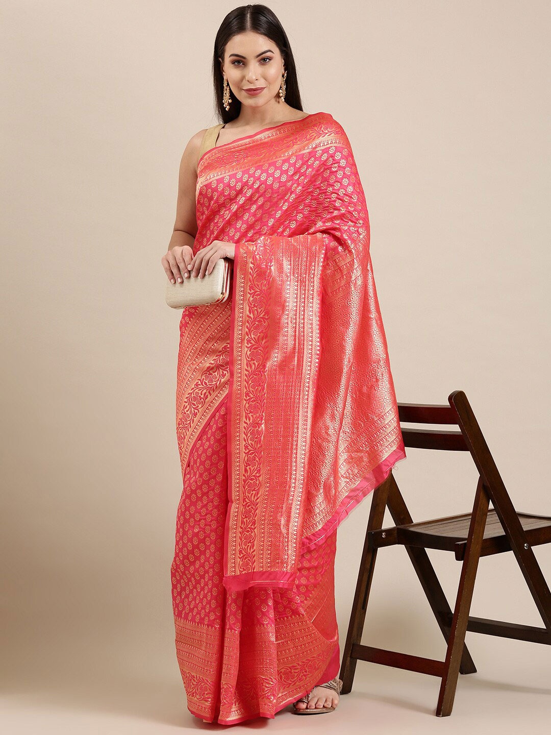

The Chennai Silks Pink & Gold-Toned Floral Zari Silk Blend Patola Saree