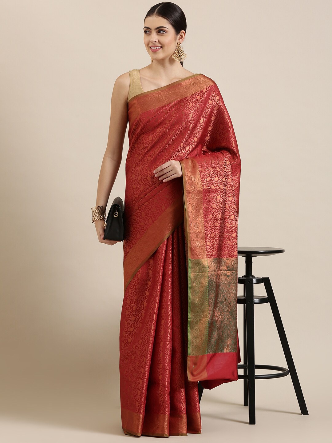 

The Chennai Silks Women Red & Green Floral Zari Art Silk Kanjeevaram Saree