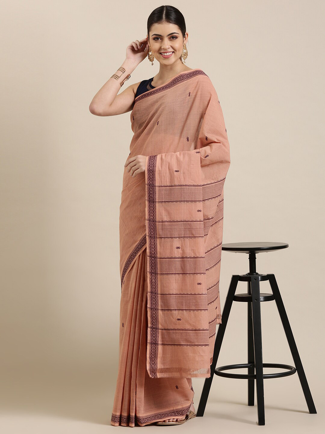 

The Chennai Silks Peach-Coloured & Brown Woven Design Pure Cotton Fusion Saree