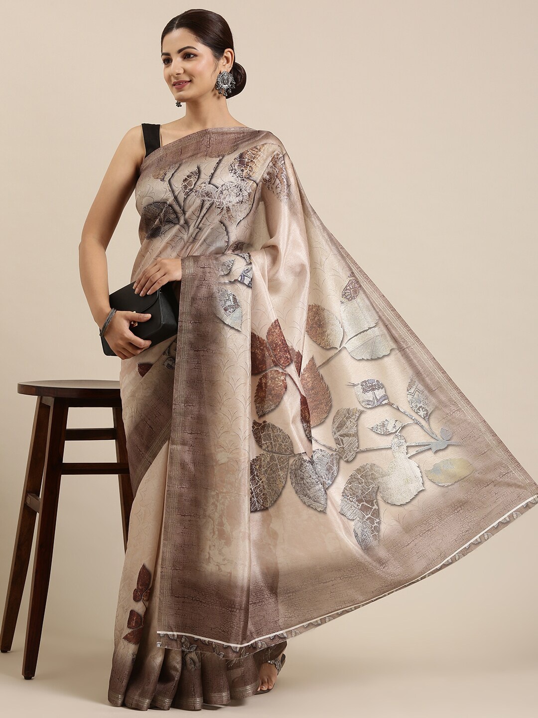 

The Chennai Silks Beige & Brown Floral Polyester Saree