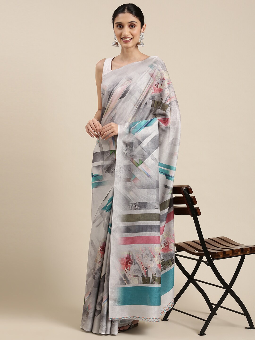 

The Chennai Silks Grey & Blue Linen Blend Fusion Saree