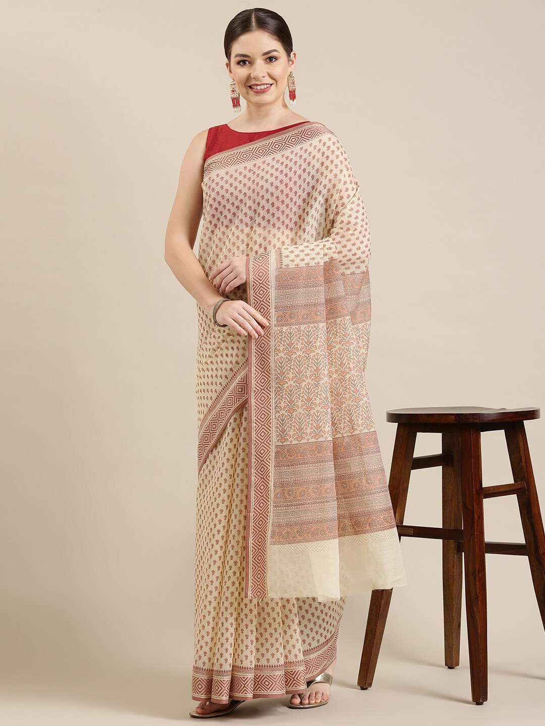

The Chennai Silks Cream-Coloured & Brown Floral Pure Cotton Saree