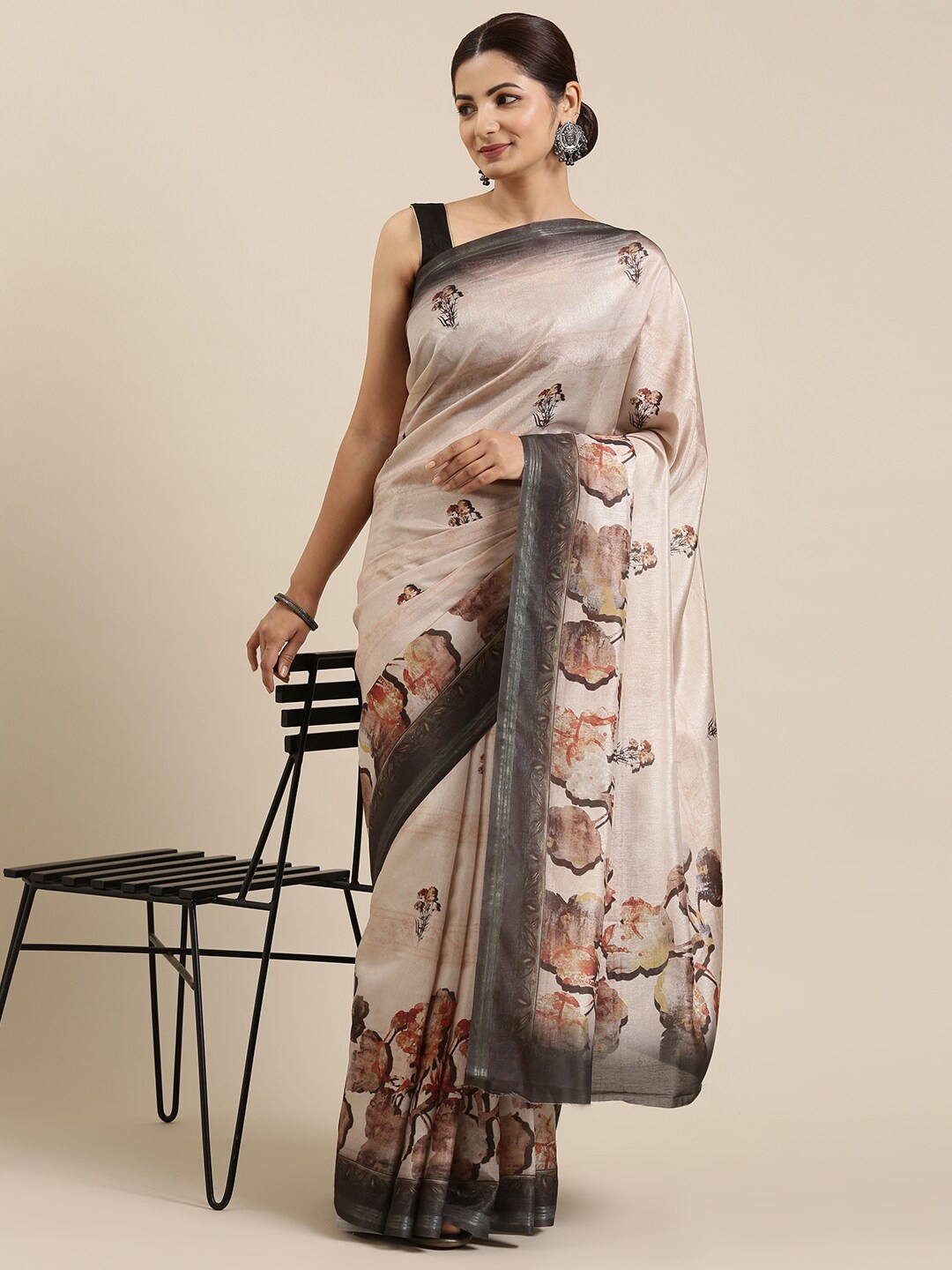

The Chennai Silks Brown & Black Floral Printed Zari Saree