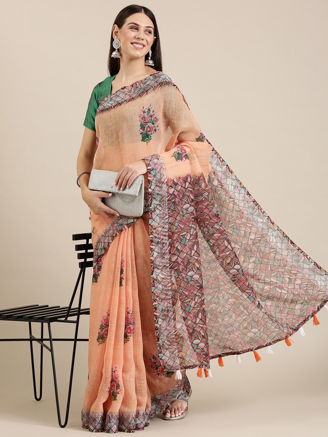 

The Chennai Silks Orange & Green Linen Blend Saree With Unstitched Blouse Piece