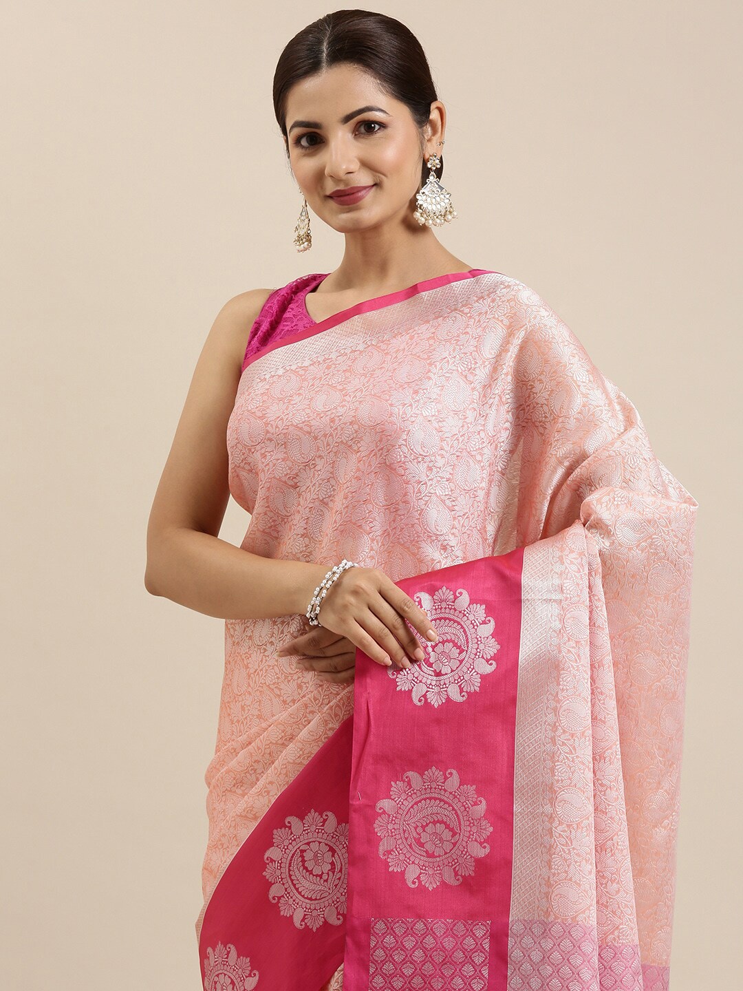

The Chennai Silks Peach-Coloured & Red Ethnic Motifs Zari Organza Banarasi Saree