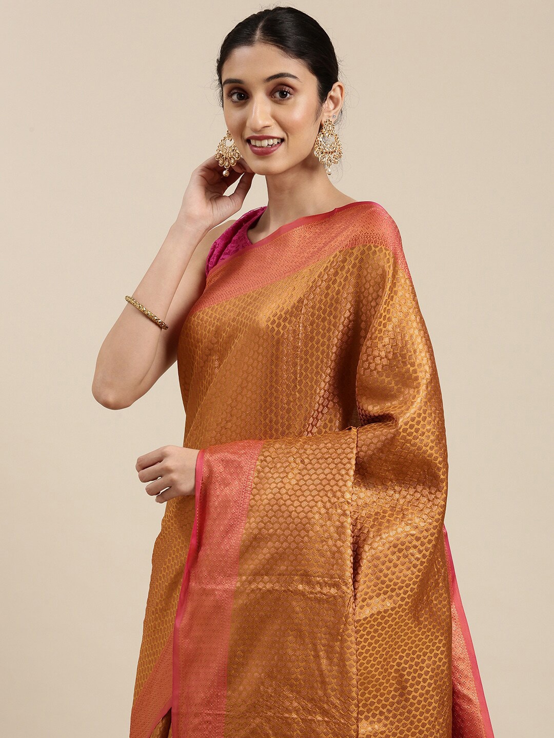 

The Chennai Silks Mustard & Gold-Toned Woven Design Zari Art Silk Fusion Kanjeevaram Saree