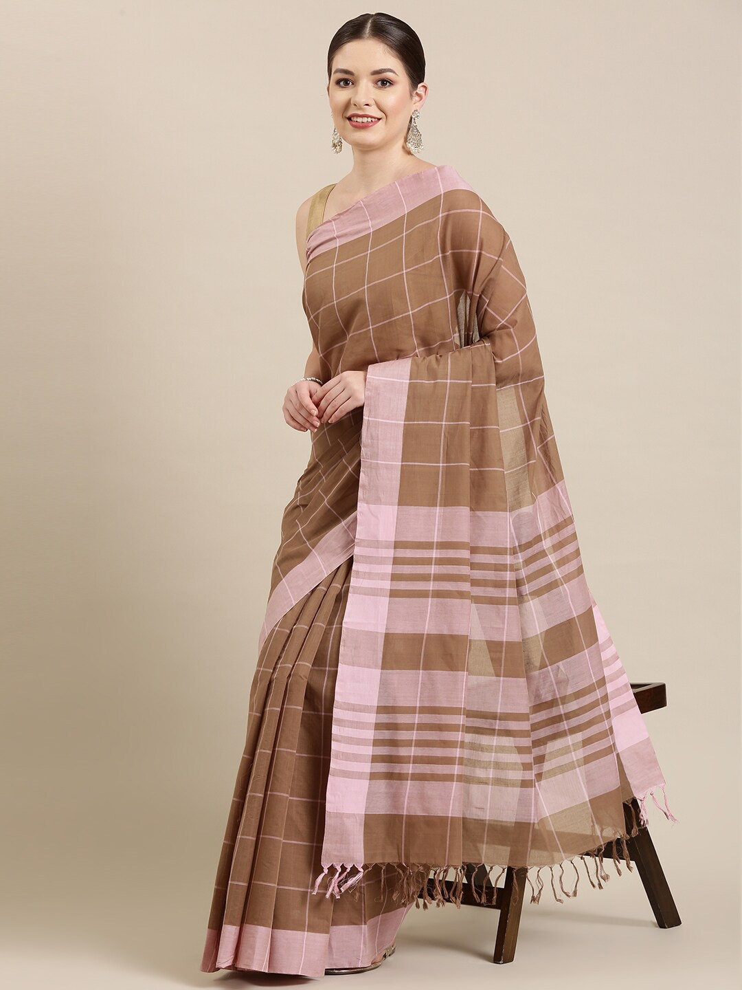 

The Chennai Silks Brown & Pink Checked Pure Cotton Fusion Saree