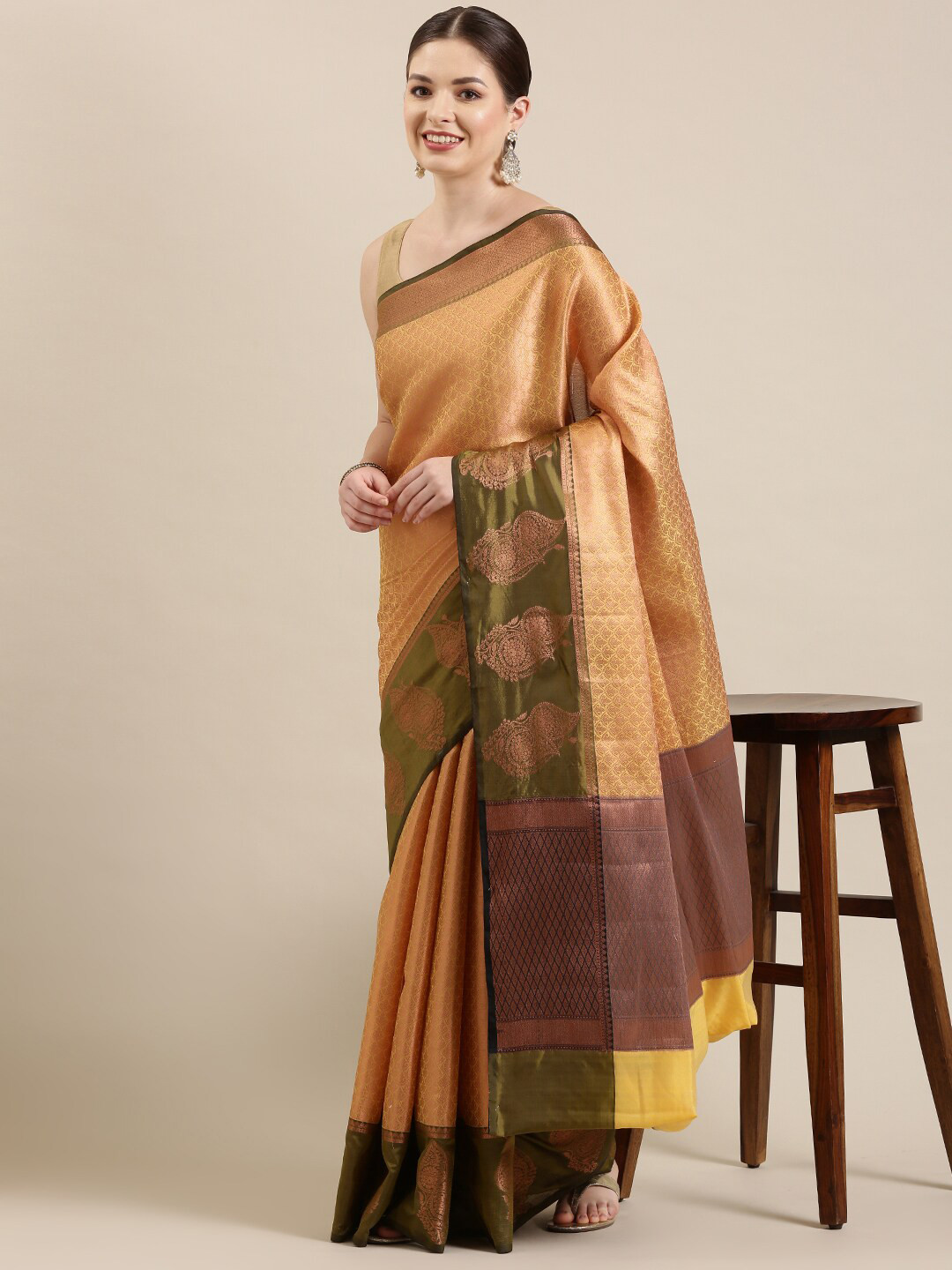 

The Chennai Silks Mustard & Green Woven Design Zari Organza Fusion Banarasi Saree