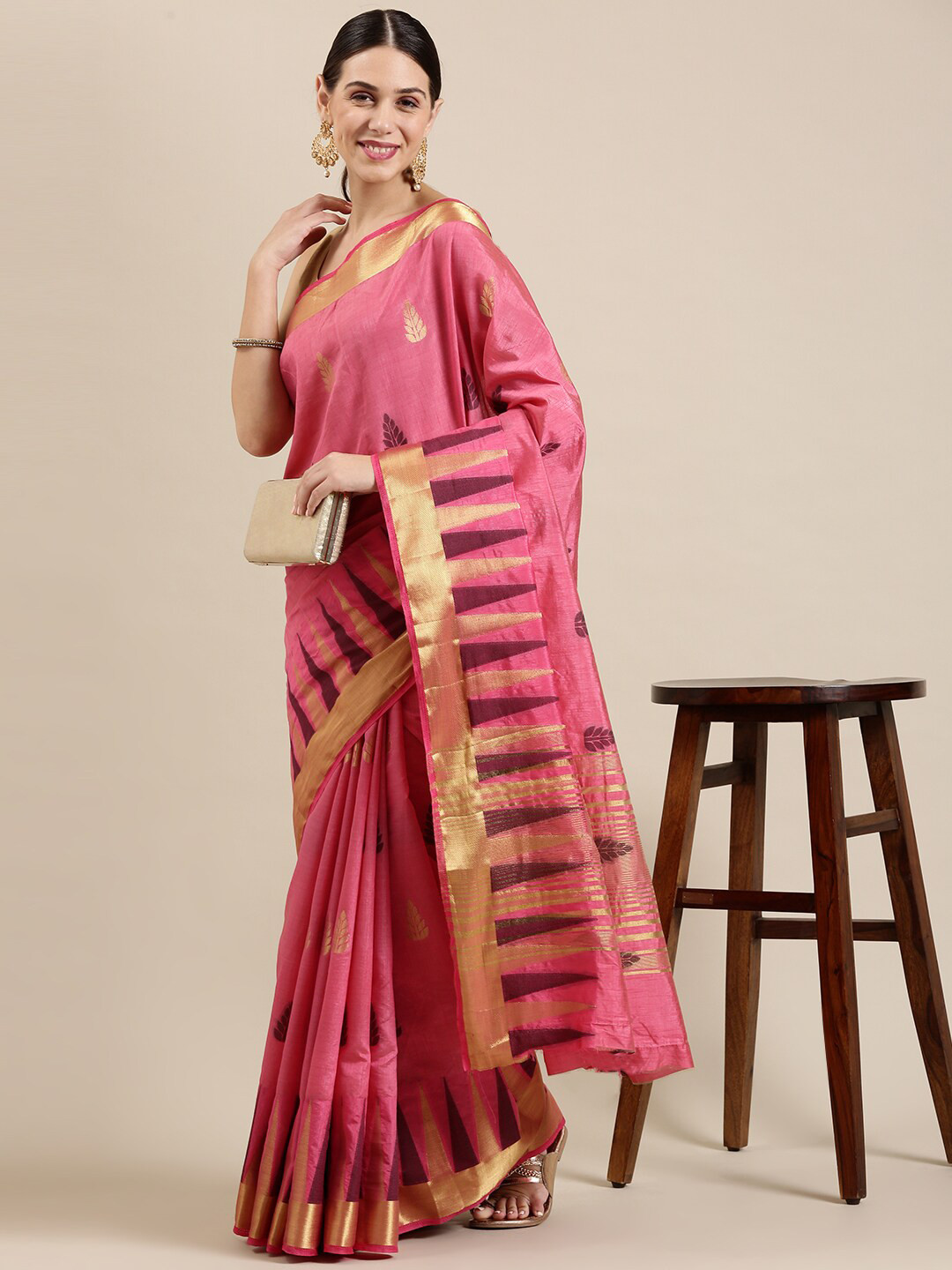 

The Chennai Silks Pink & Gold-Toned Woven Design Zari Jute Cotton Saree
