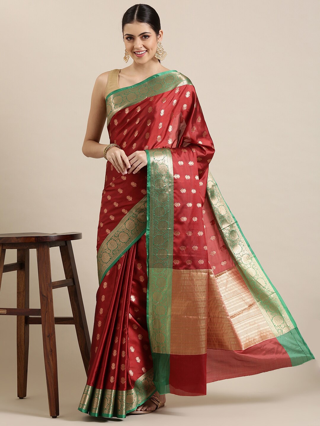 

The Chennai Silks Maroon & Green Ethnic Motifs Zari Organza Banarasi Saree