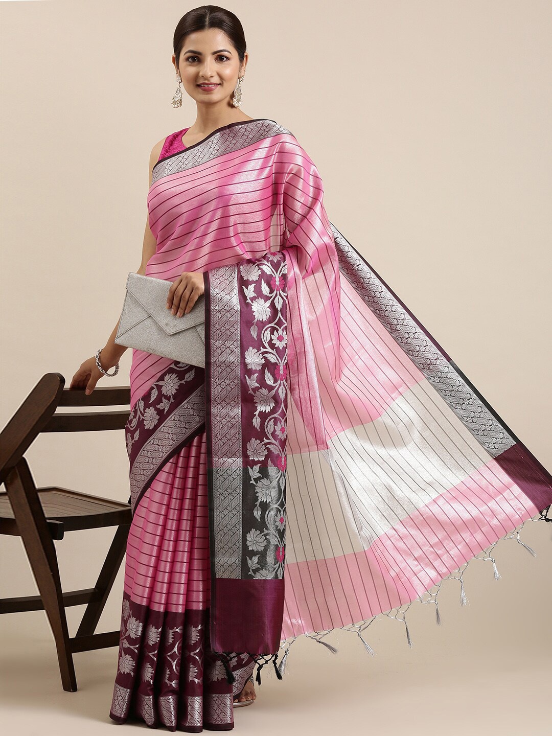 

The Chennai Silks Pink & Silver-Toned Striped Zari Organza Banarasi Saree