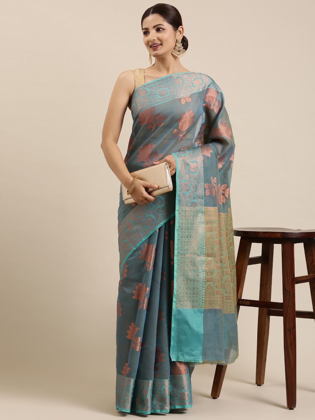 

The Chennai Silks Blue & Gold-Toned Woven Design Zari Organza Fusion Banarasi Saree