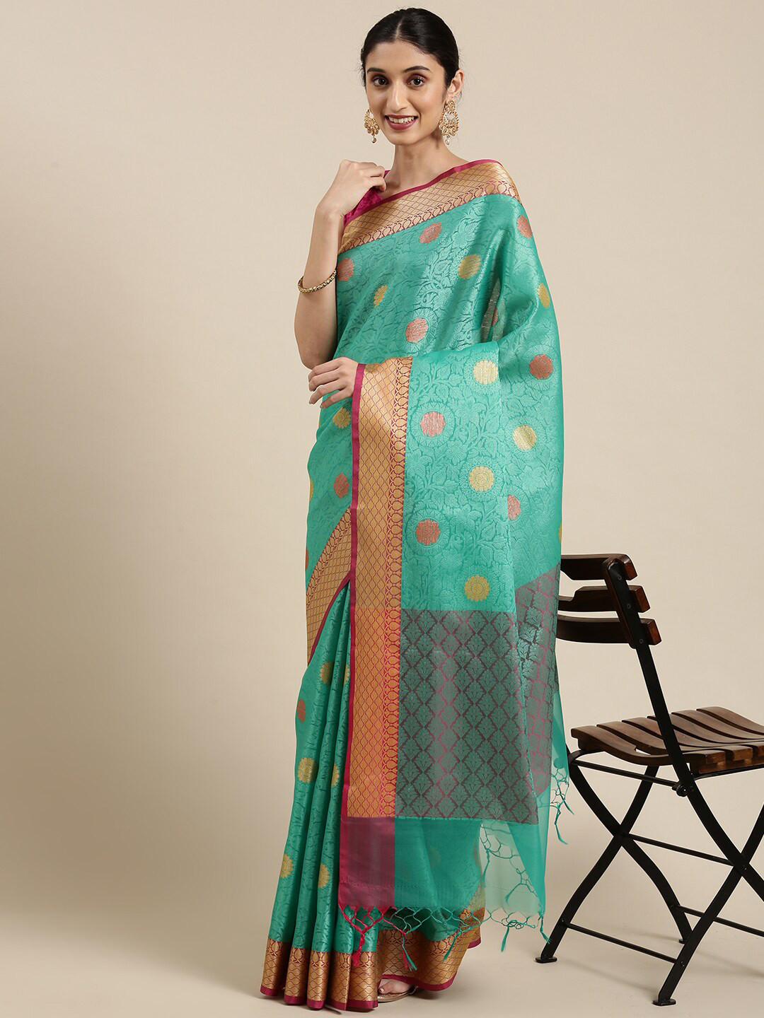 

The Chennai Silks Green & Pink Floral Zari Organza Fusion Banarasi Saree