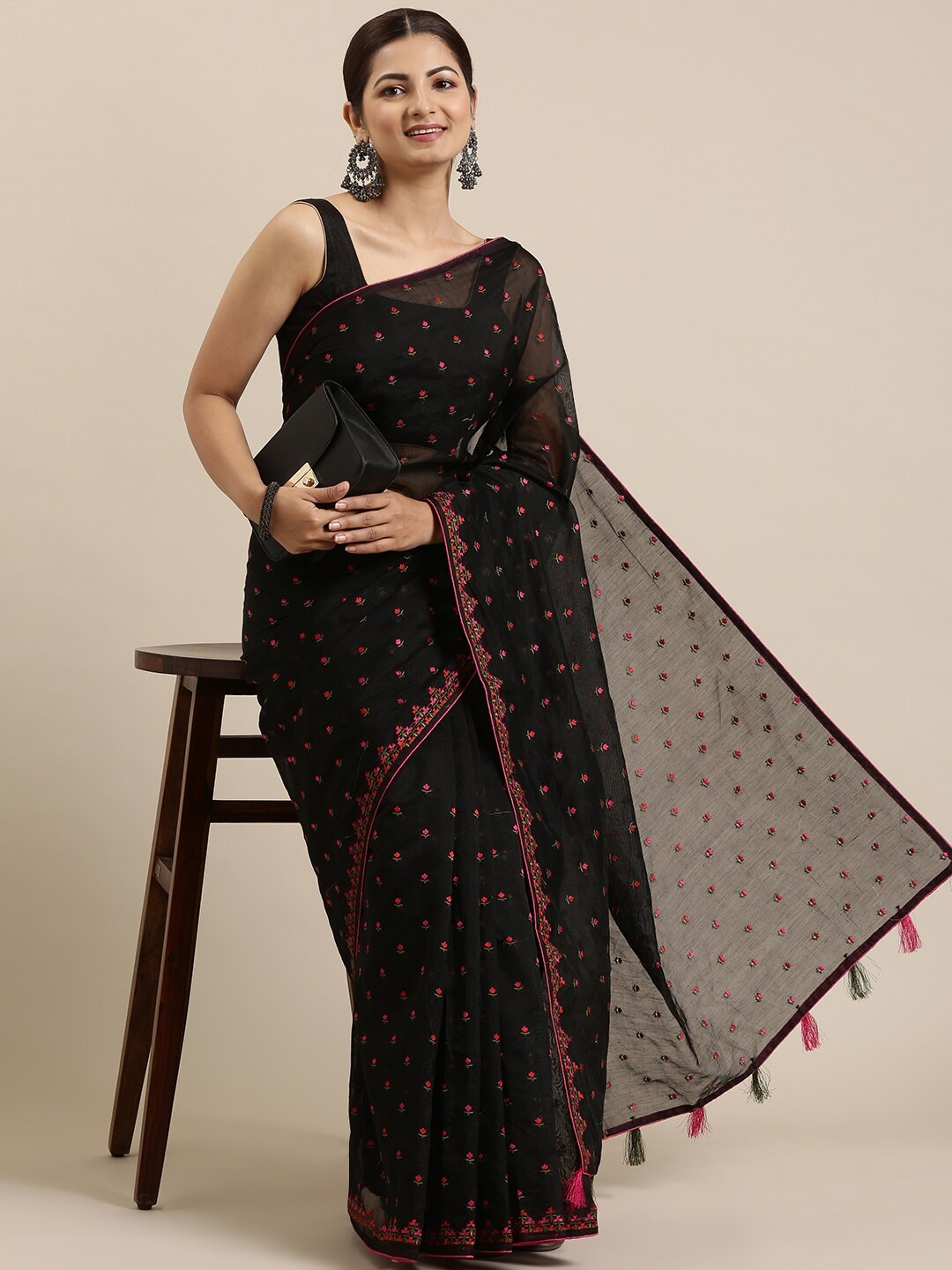 

The Chennai Silks Black & Pink Floral Embroidered Supernet Kota Saree