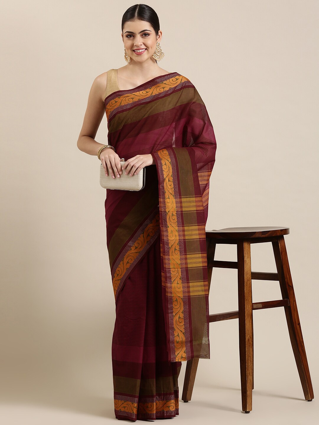 

The Chennai Silks Maroon & Gold-Toned Striped Zari Pure Cotton Chettinad Saree