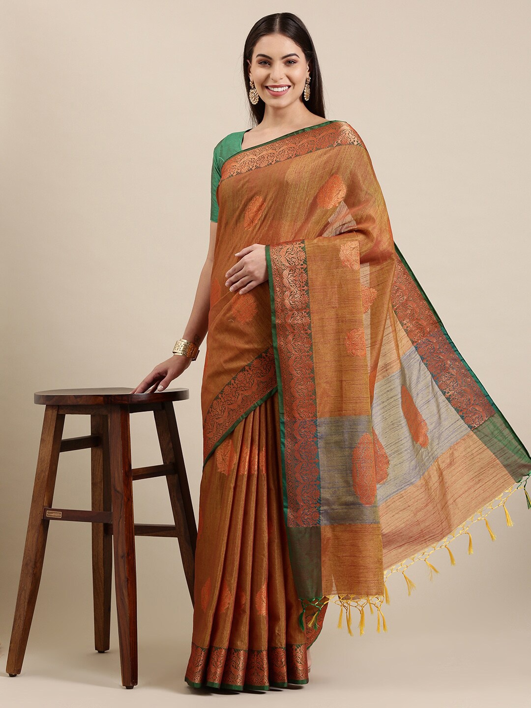 

The Chennai Silks Mustard & Gold-Toned Floral Zari Pure Cotton Fusion Chanderi Saree